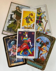The Fool in several tarot decks