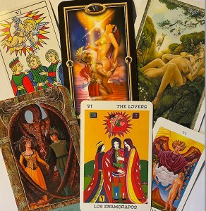 The Lovers tarot card from several decks