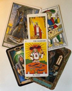 The Magician card in several tarot decks