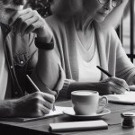 older couple writing in cafe